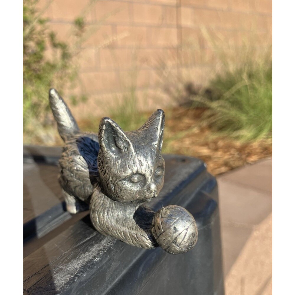 VTG Solid Pewter Cat Kitten Playing With Ball Figurine 3” Miniature